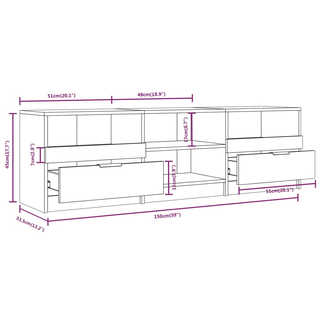 Dimensions diagram for TV cabinet 150x33.5x45 cm with drawers and shelves.