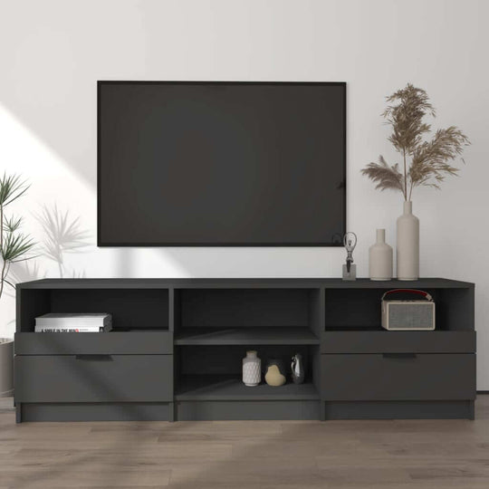 Modern black TV cabinet with drawers and shelves, ideal for home furniture and outdoor living spaces.