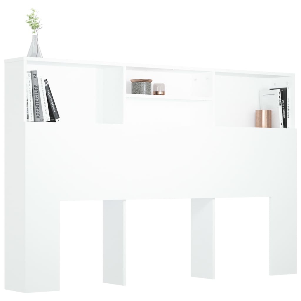 White headboard cabinet with four storage compartments, perfect for contemporary home and garden furniture.