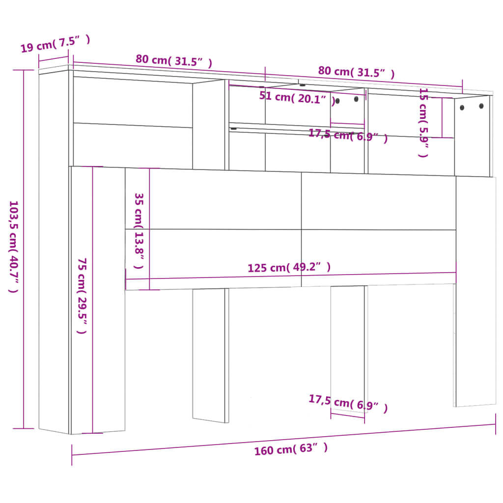 Dimensions of a white headboard cabinet with storage compartments, ideal for bedroom furniture and outdoor living spaces.