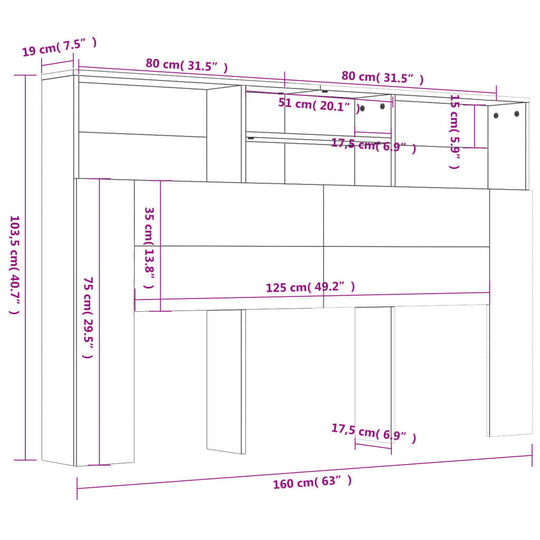 Dimensions of a white headboard cabinet with storage compartments, ideal for bedroom furniture and outdoor living spaces.