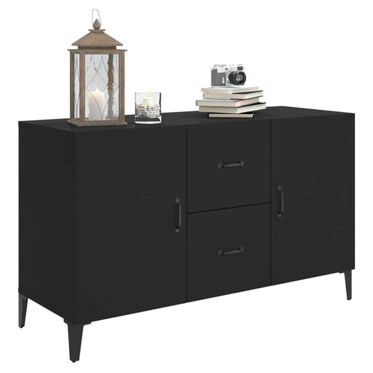 Classic black sideboard with two doors and two drawers, styled with lantern and books for home decor.