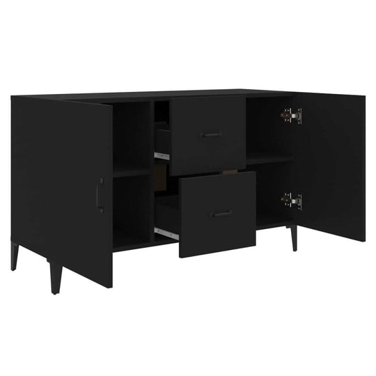 Black engineered wood sideboard with two doors and two drawers, offering ample storage for home essentials.