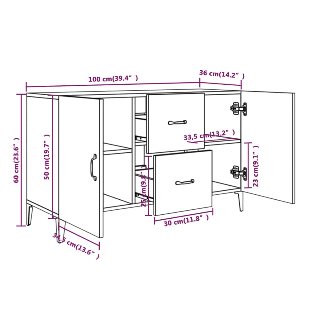 Sideboard dimensions drawing, showing storage layout: 100x36x60 cm, featuring 2 doors and 2 drawers for organization.