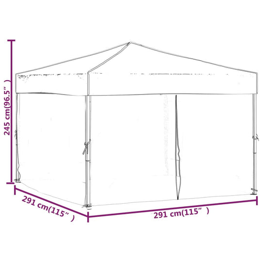 Folding party tent dimensions 3x3 m with sidewalls, height 245 cm, width 291 cm, ideal for outdoor events.