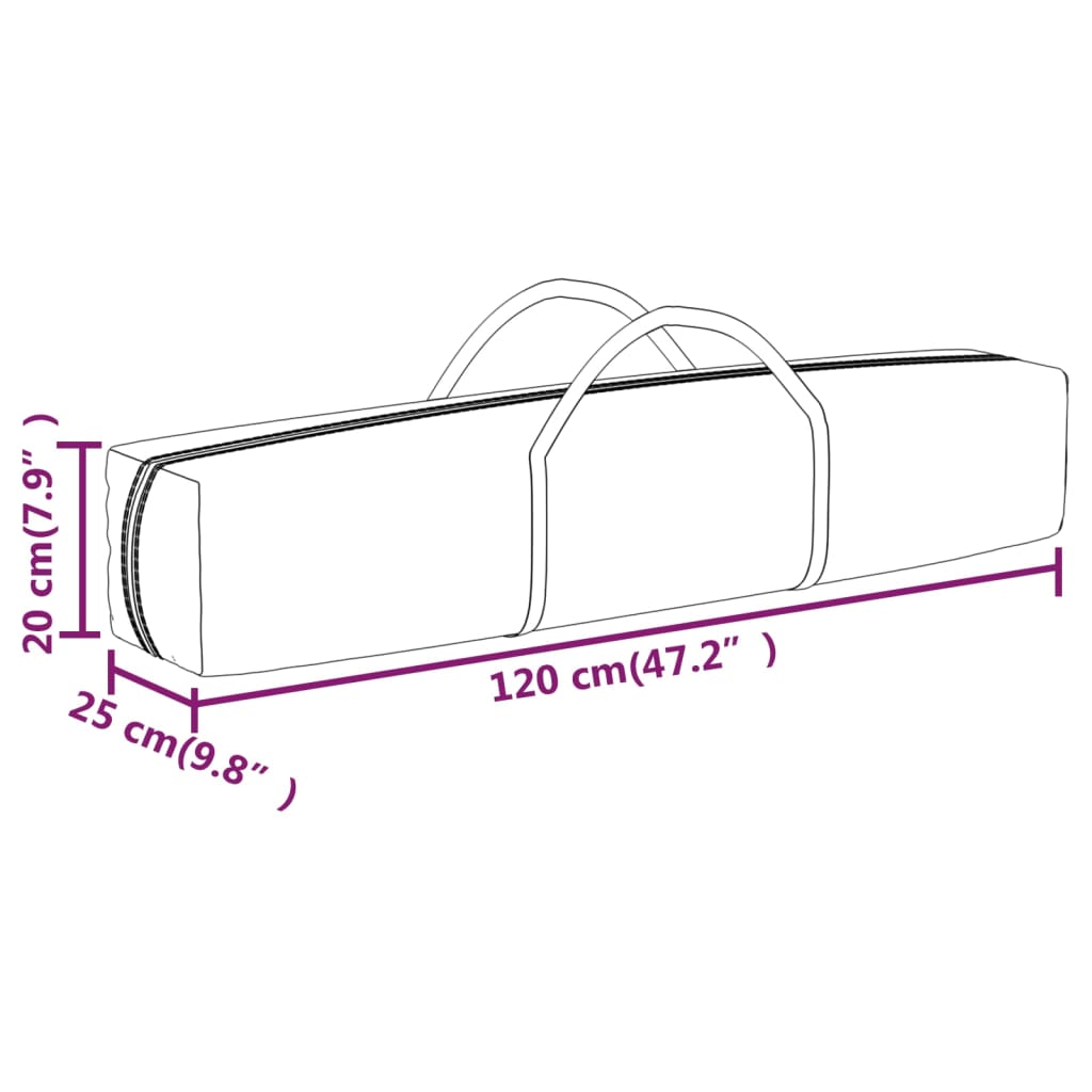 Dimensions of the folding party tent carrying bag, measuring 120 cm x 25 cm x 20 cm with handles for easy transport.