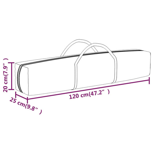 Dimensions of the folding party tent carrying bag, measuring 120 cm x 25 cm x 20 cm with handles for easy transport.