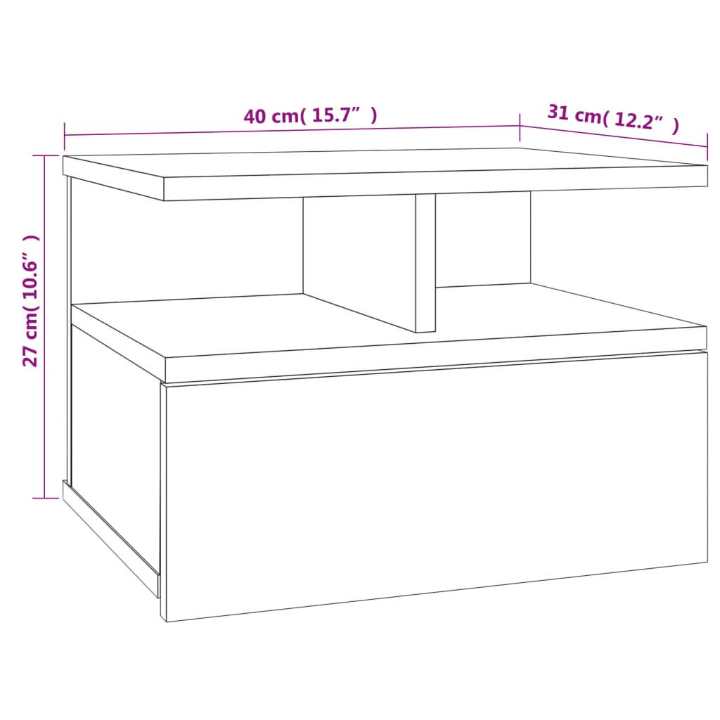 Diagram of a compact floating nightstand, dimensions 40x31x27 cm, designed for space-saving storage solutions.