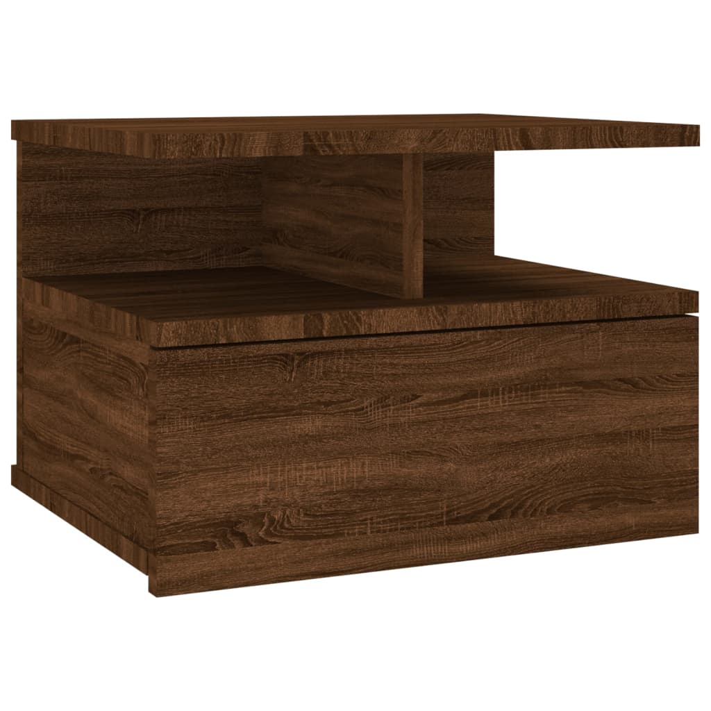 Floating oak nightstand made of engineered wood, ideal for home and garden furniture, complementing any outdoor living space.