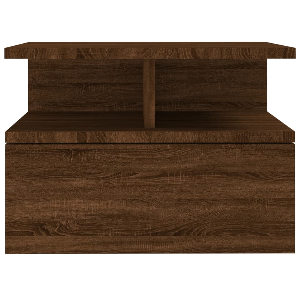 Floating oak nightstand with storage, ideal for outdoor space, patio, or home furniture; compact engineered wood design.