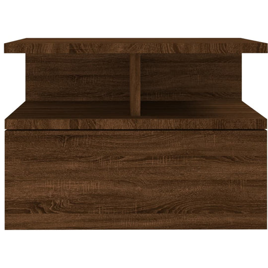 Floating oak nightstand with storage, ideal for outdoor space, patio, or home furniture; compact engineered wood design.