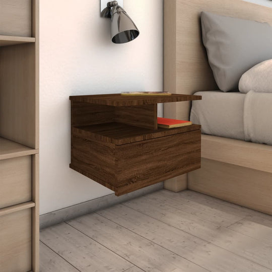 Floating wooden nightstand wall-mounted next to a bed, featuring a two-tier design for storage, enhancing home and garden furniture decor.