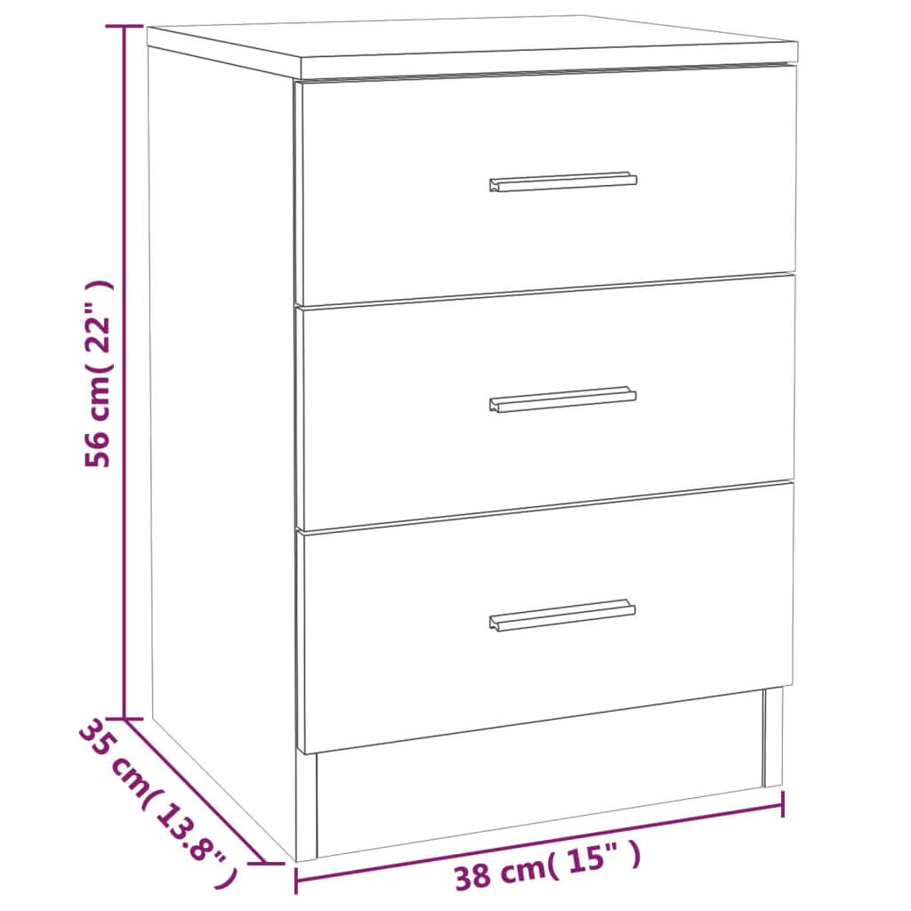 Bedside cabinet dimensions with three drawers, grey Sonoma engineered wood, size 38x35x56 cm, perfect for storage and furniture needs.