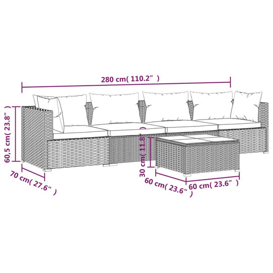 5 Piece Garden Lounge Set with Cushions Poly Rattan Grey