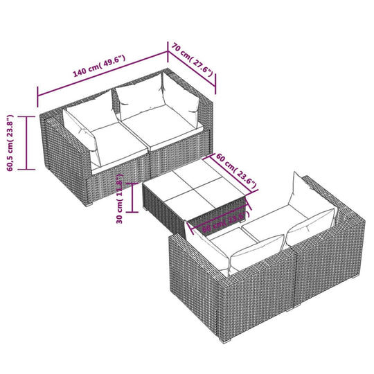 Dimensions of 5 Piece Garden Lounge Set with Cushions Poly Rattan featuring modular design and PE rattan material.