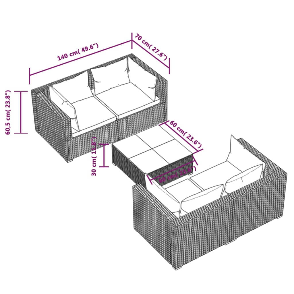 5 Piece Garden Lounge Set with Cushions Poly Rattan Grey