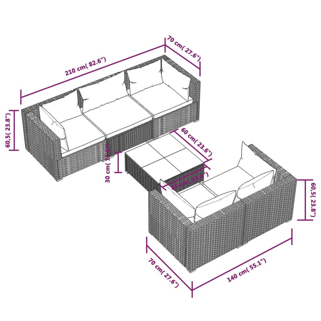 Dimensions of the 6 Piece Garden Lounge Set with Cushions Poly Rattan