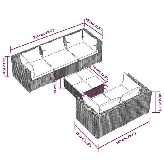 Dimensions of the 6 Piece Garden Lounge Set with Cushions Poly Rattan