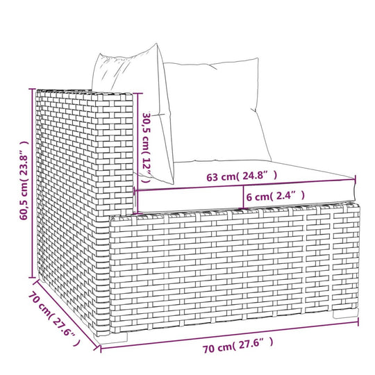 Dimensions diagram of 6 Piece Garden Lounge Set with Cushions Poly Rattan showing height, width, and depth in cm and inches.
