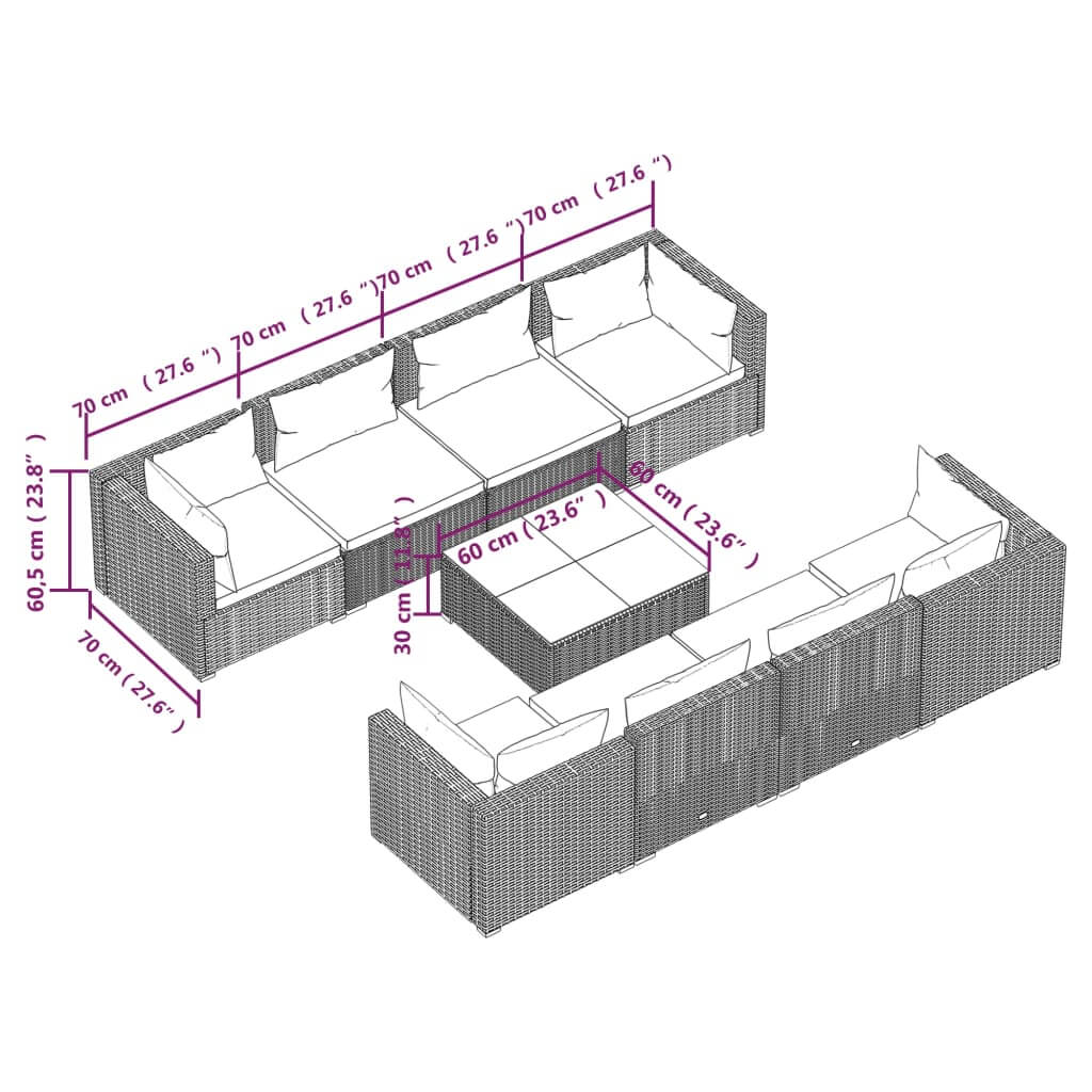 9 Piece Garden Lounge Set with Cushions Poly Rattan Grey