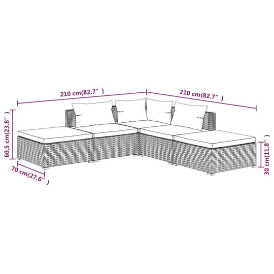 5 Piece Garden Lounge Set with Cushions Poly Rattan Grey