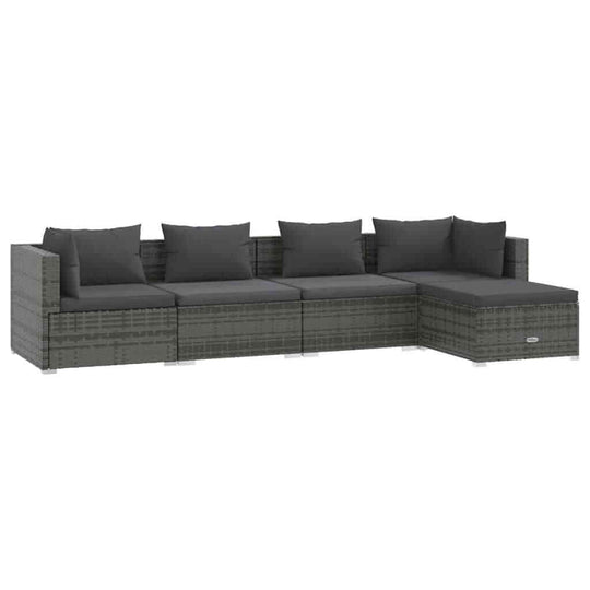 5 Piece Garden Lounge Set with Cushions Poly Rattan - modern outdoor seating arrangement with plush cushions.