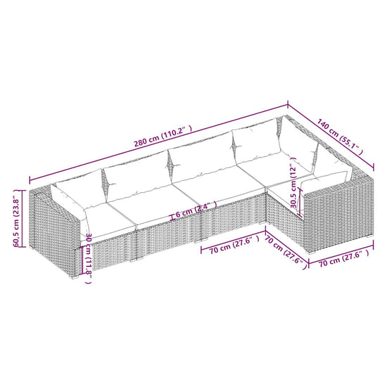 Dimensions diagram of 5 Piece Garden Lounge Set with Cushions Poly Rattan