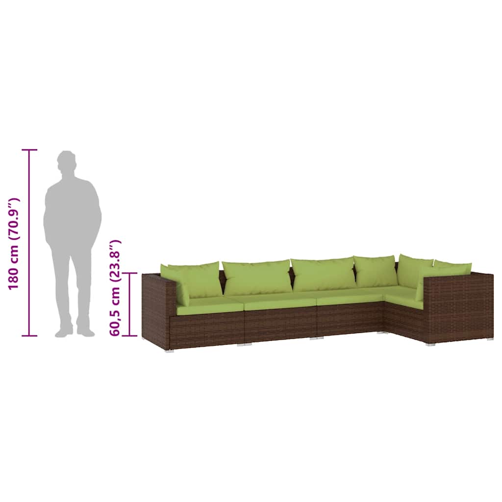 5 Piece Garden Lounge Set with Cushions Poly Rattan in brown with green cushions, size comparison with person silhouette.
