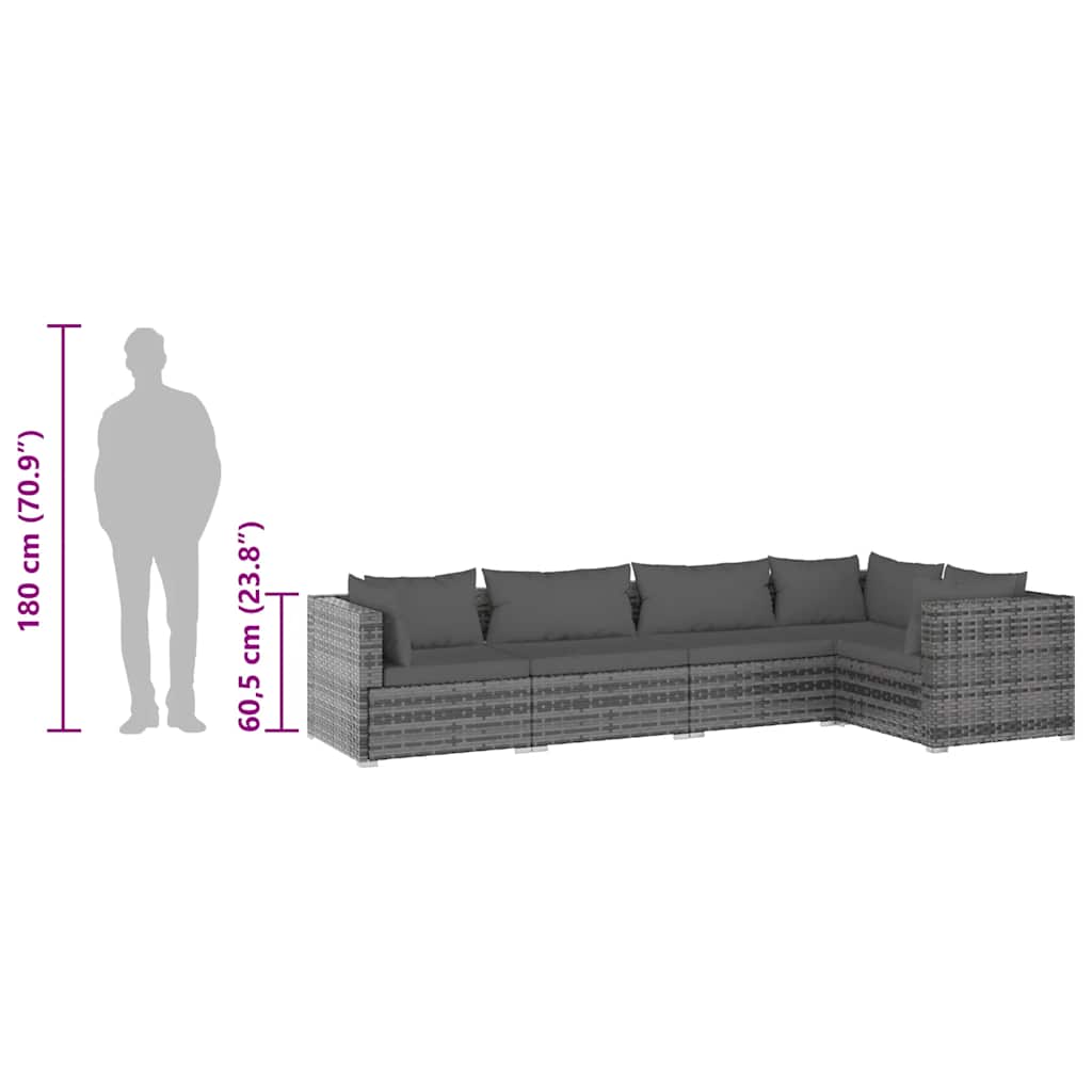 VidaXL 5 Piece Garden Lounge Set with Cushions Poly Rattan Grey