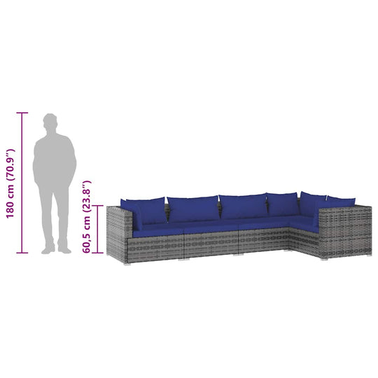 5 Piece Garden Lounge Set with Cushions Poly Rattan