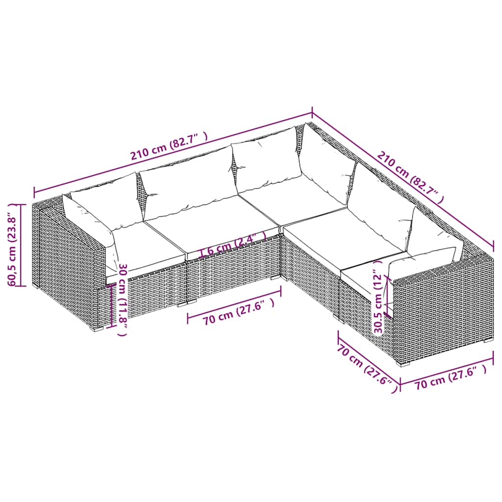 Dimensions of 5 Piece Garden Lounge Set with Cushions Poly Rattan, L-shaped design, detailed measurements in centimeters and inches.