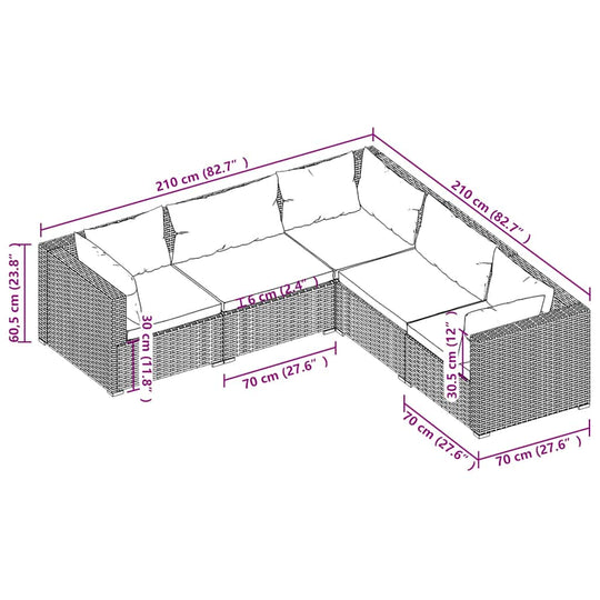 Dimensions of 5 Piece Garden Lounge Set with Cushions Poly Rattan, L-shaped design, detailed measurements in centimeters and inches.