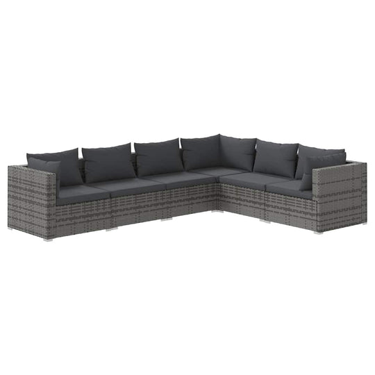 6 Piece Garden Lounge Set with Cushions Poly Rattan in gray color with L-shaped design on a white background.