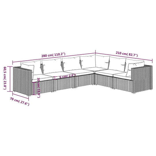 Dimensions diagram of 6 Piece Garden Lounge Set with Cushions Poly Rattan, showing length, width, and height specifications.