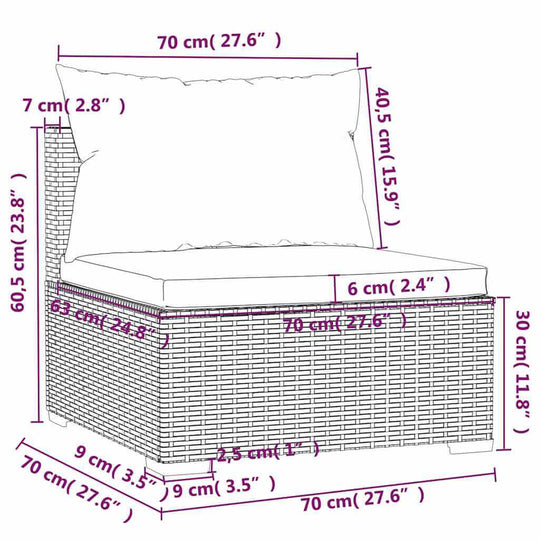Diagram of a chair with dimensions from 6 Piece Garden Lounge Set with Cushions Poly Rattan, showcasing measurements in centimeters.
