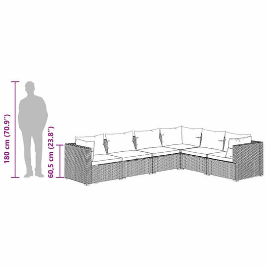 Dimensions of the 6 Piece Garden Lounge Set with Cushions Poly Rattan shown with human silhouette for scale.