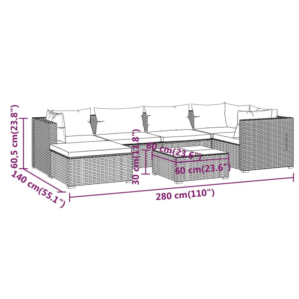 7 Piece Garden Lounge Set with Cushions Poly Rattan