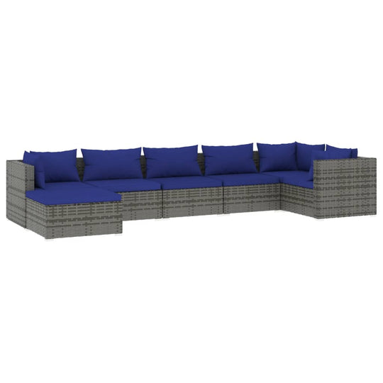 7 Piece Garden Lounge Set with Cushions Poly Rattan in modular blue design for outdoor relaxation. Water-resistant PE rattan construction.