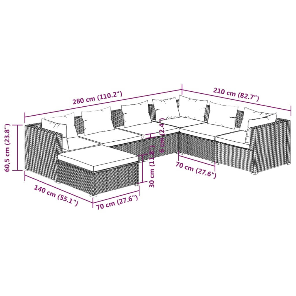 7 Piece Garden Lounge Set with Cushions Poly Rattan Grey