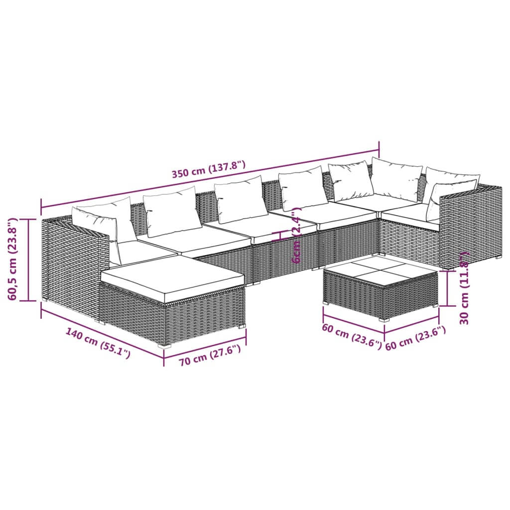Dimensions of 8 Piece Garden Lounge Set with Cushions Poly Rattan, modular and water-resistant design.