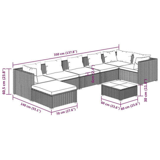 Dimensions of 8 Piece Garden Lounge Set with Cushions Poly Rattan, modular and water-resistant design.