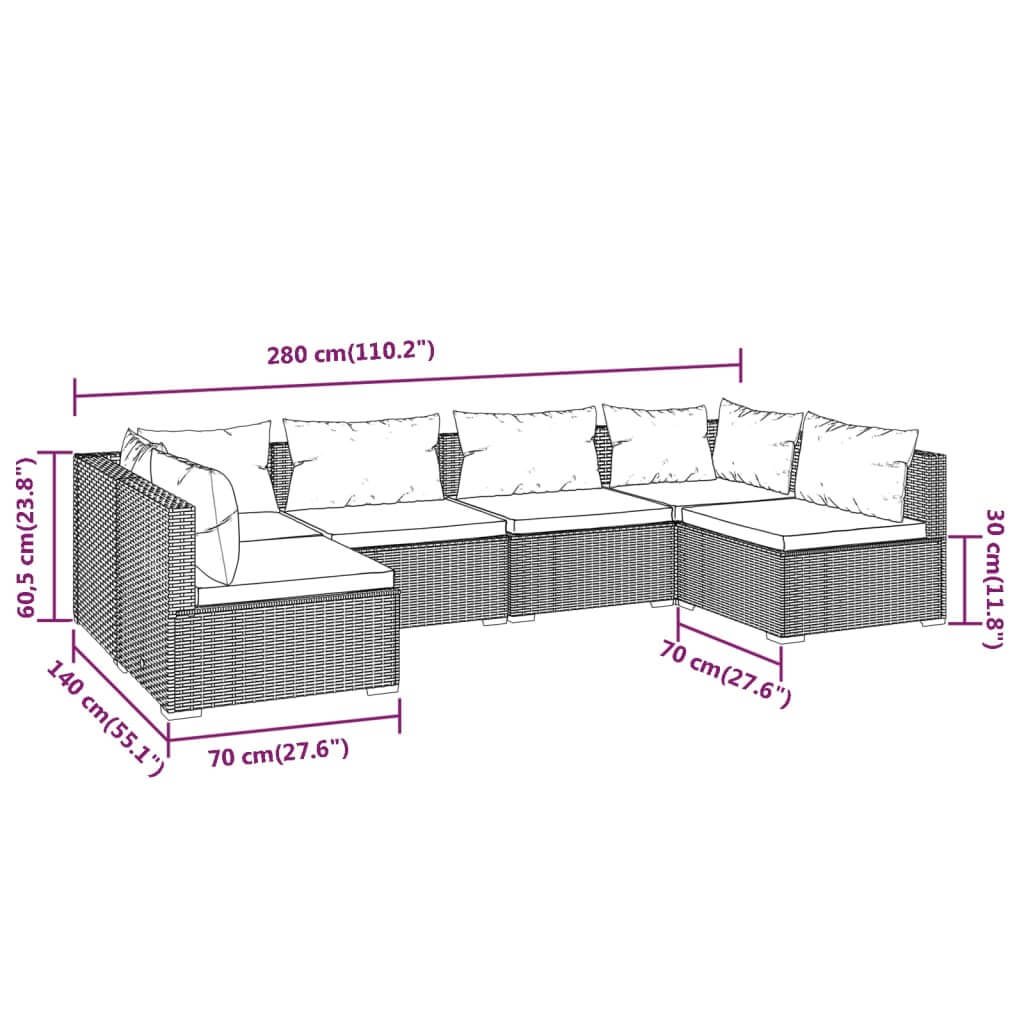 6 Piece Garden Lounge Set with Cushions Poly Rattan Grey