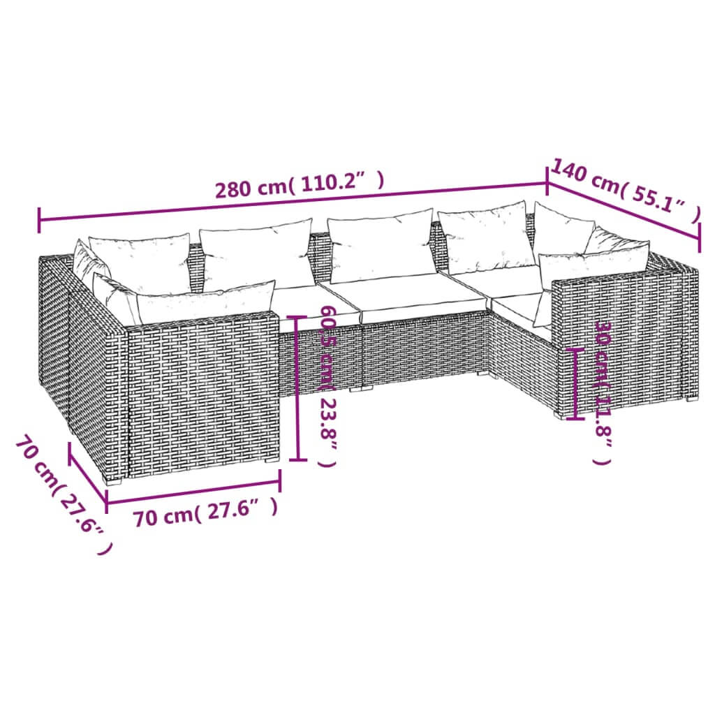 Dimensions of the 6 Piece Garden Lounge Set with Cushions Poly Rattan showing modular design and measurements.