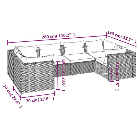 Dimensions of the 6 Piece Garden Lounge Set with Cushions Poly Rattan showing modular design and measurements.