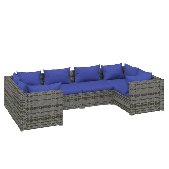 6 Piece Garden Lounge Set with Cushions Poly Rattan in modular arrangement featuring blue cushions, perfect for outdoor relaxation.