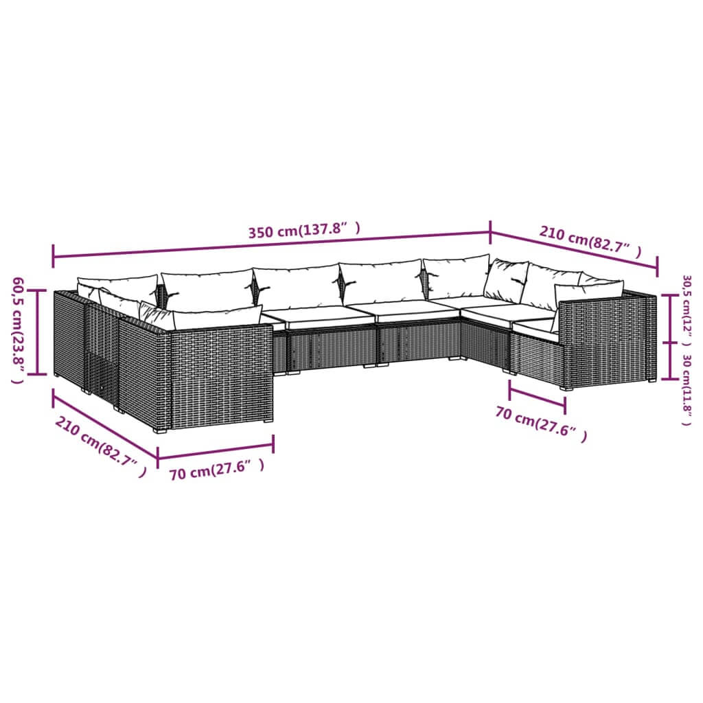 9 Piece Garden Lounge Set with Cushions Poly Rattan