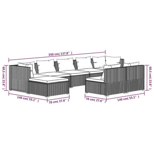 Illustration of 9 Piece Garden Lounge Set with Cushions Poly Rattan with dimensions shown, featuring durable steel frame and PE rattan.
