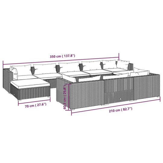 Dimensions and layout of a 10 piece garden lounge set with cushions, showcasing its stylish design and comfort.