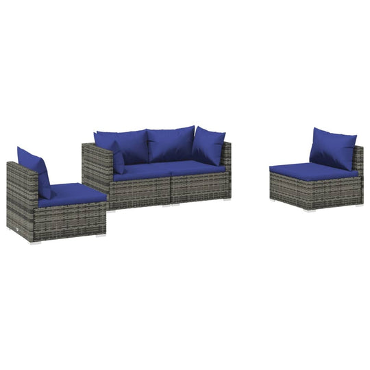 4 Piece Garden Lounge Set with Cushions Poly Rattan in blue, showcasing durable PE rattan and a sturdy steel frame for outdoor use.