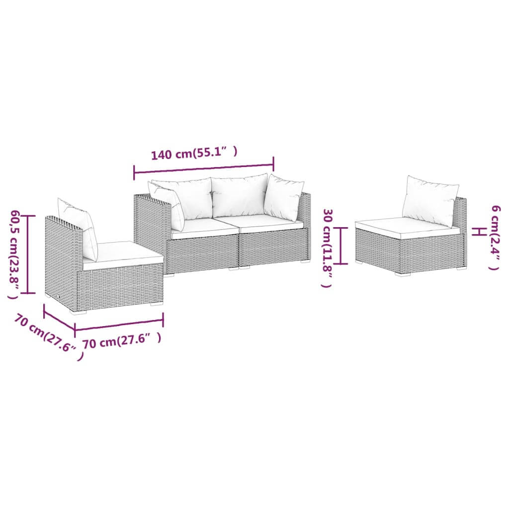 Dimensions of the 4 Piece Garden Lounge Set with Cushions Poly Rattan showing measurements in centimeters and inches